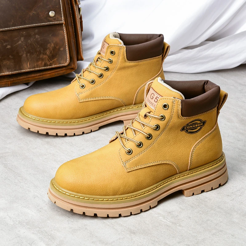 秋冬马丁靴2025新款厚底工装靴登山靴男高帮百搭复古休闲大黄靴