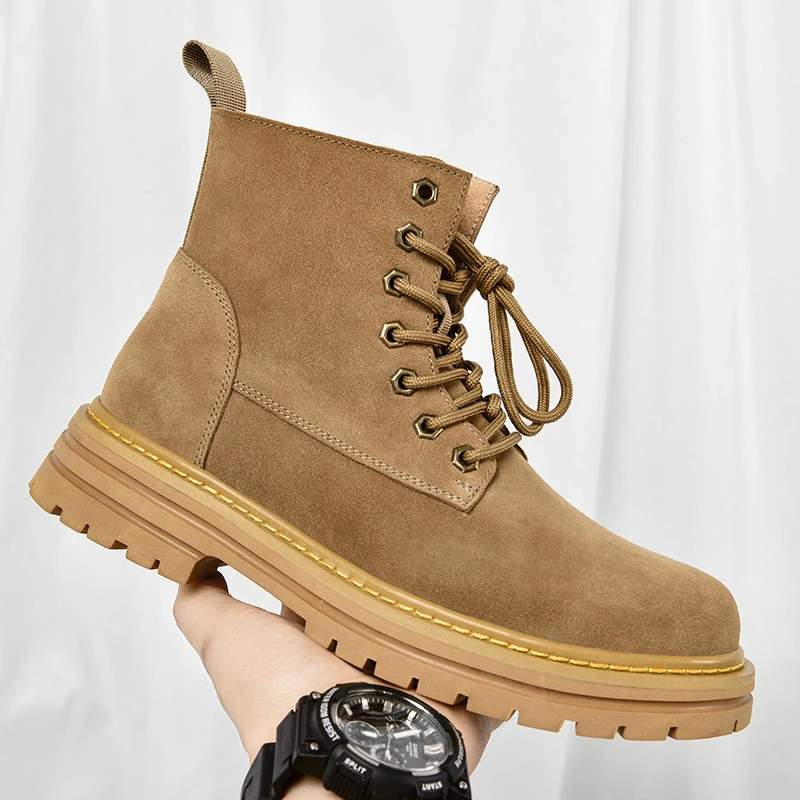 新款时尚马丁靴英伦风高帮工装靴休闲大黄靴百搭真皮复古厚底男鞋
