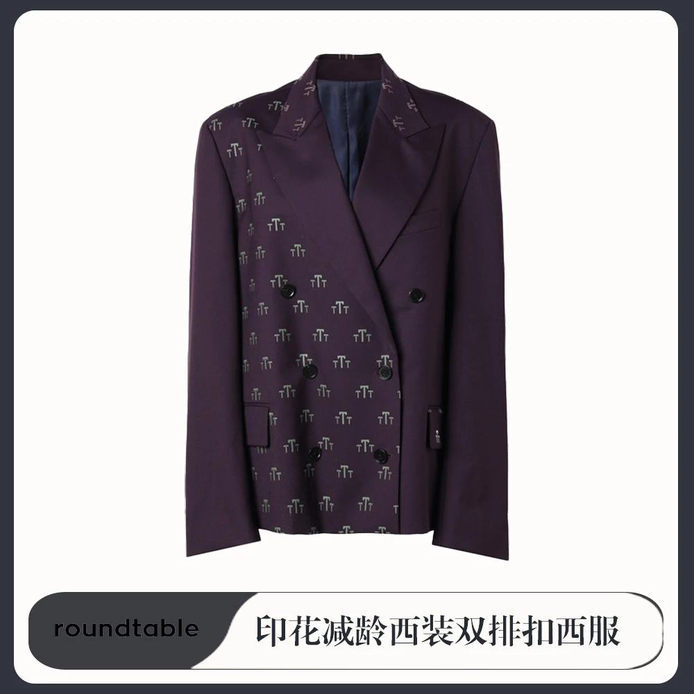 TTT 宽松印花减龄西装设计师时尚双排扣西服休闲黑色TDW4804974