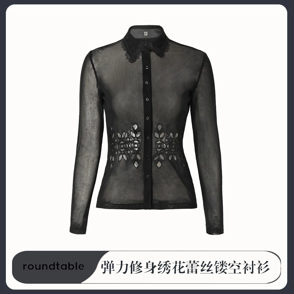 女款弹力修身时尚绣花蕾丝长袖衬衫蕾丝镂空拼接长袖 TEW3105603