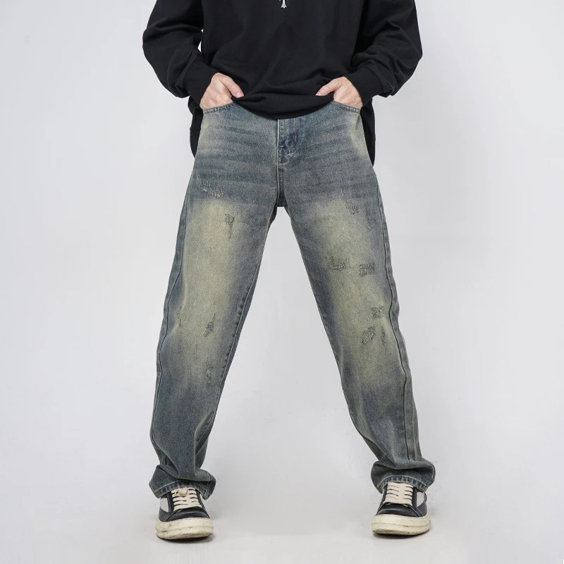 Z POCKET高街美式休闲复古黄泥牛仔裤男款直筒宽松裤子男女秋冬款