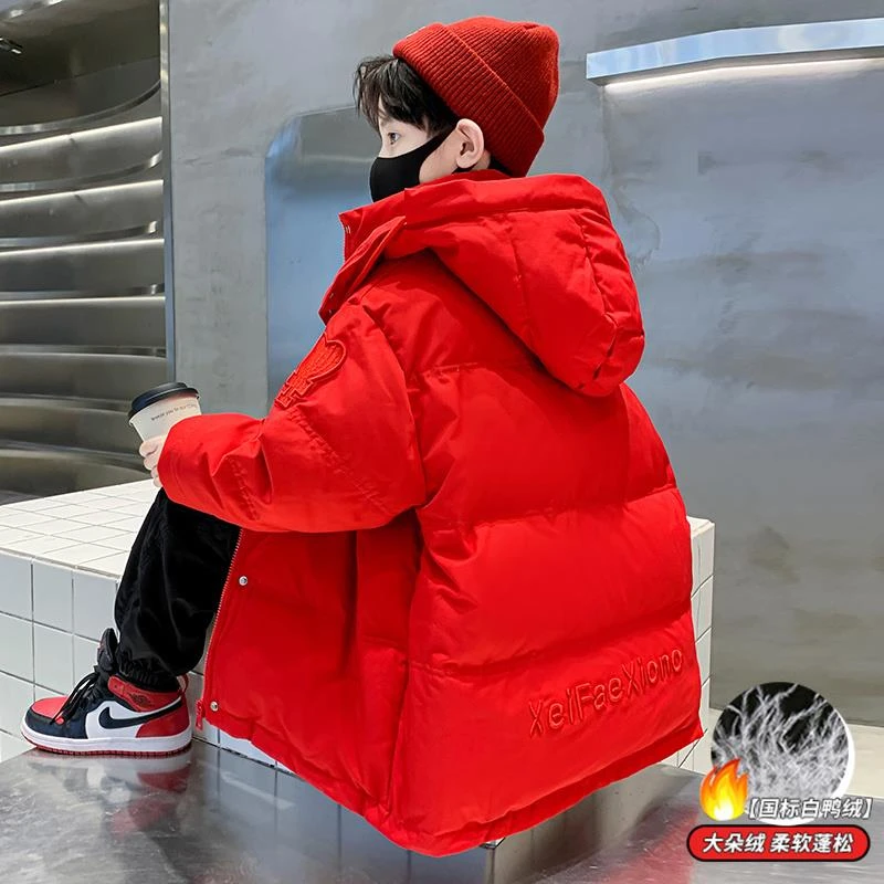 ABC男童冬季羽绒服白鸭绒2024新款儿童加厚外套本命年红色男孩洋