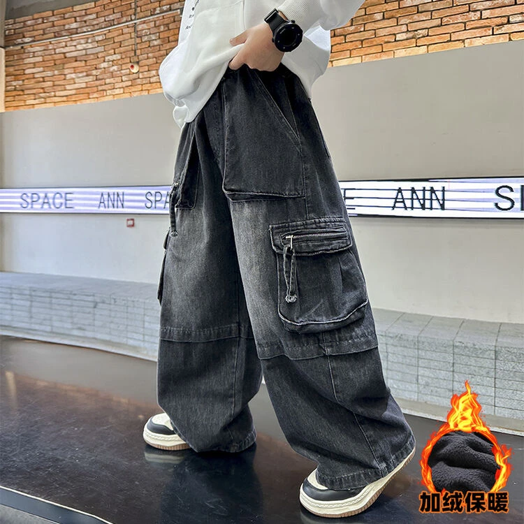 2024秋冬季新款男童一体绒牛仔裤中大童加绒加厚工装裤子时髦潮牌