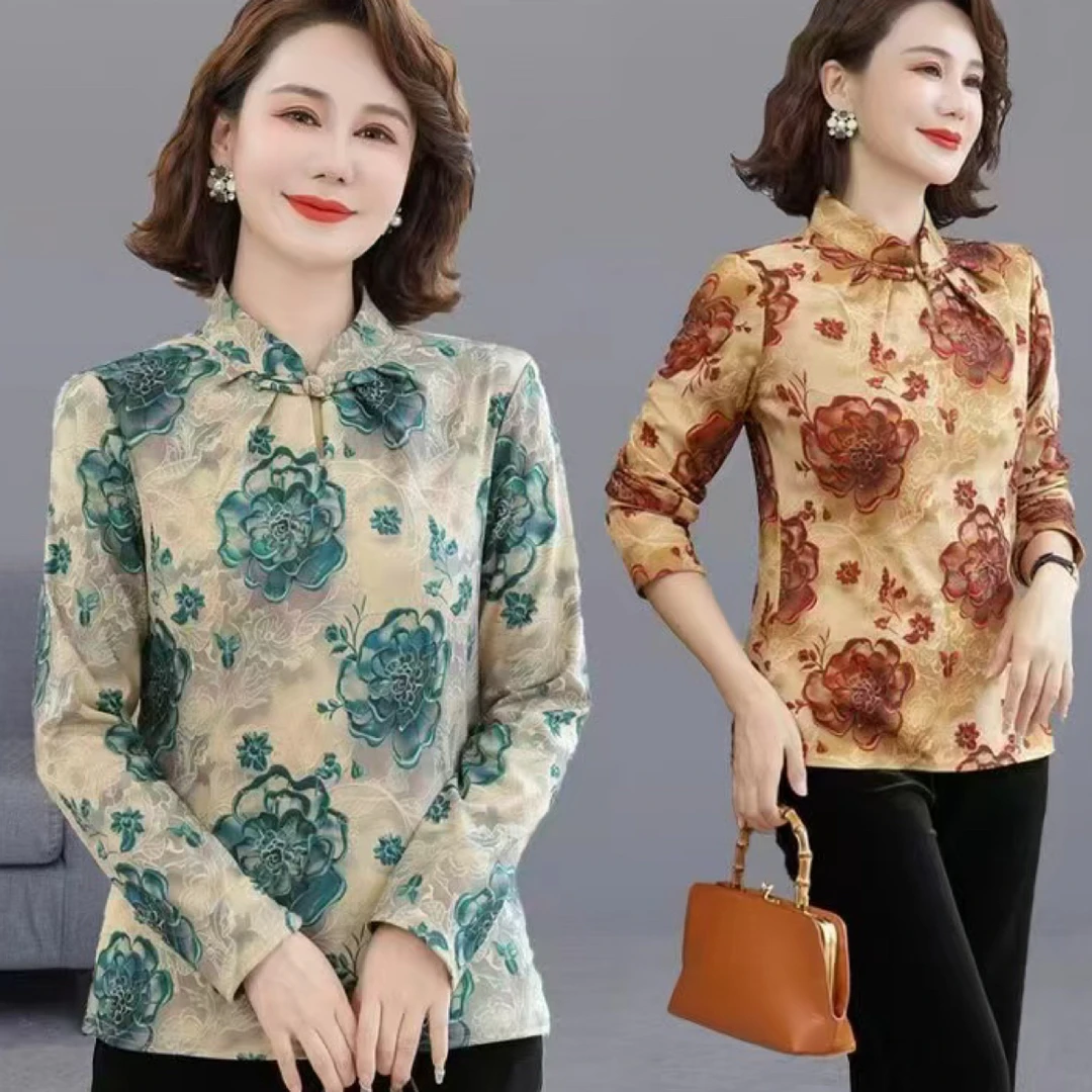 2024年中式妈妈装新款秋装长袖T恤立领小衫女装洋气显瘦打底上衣