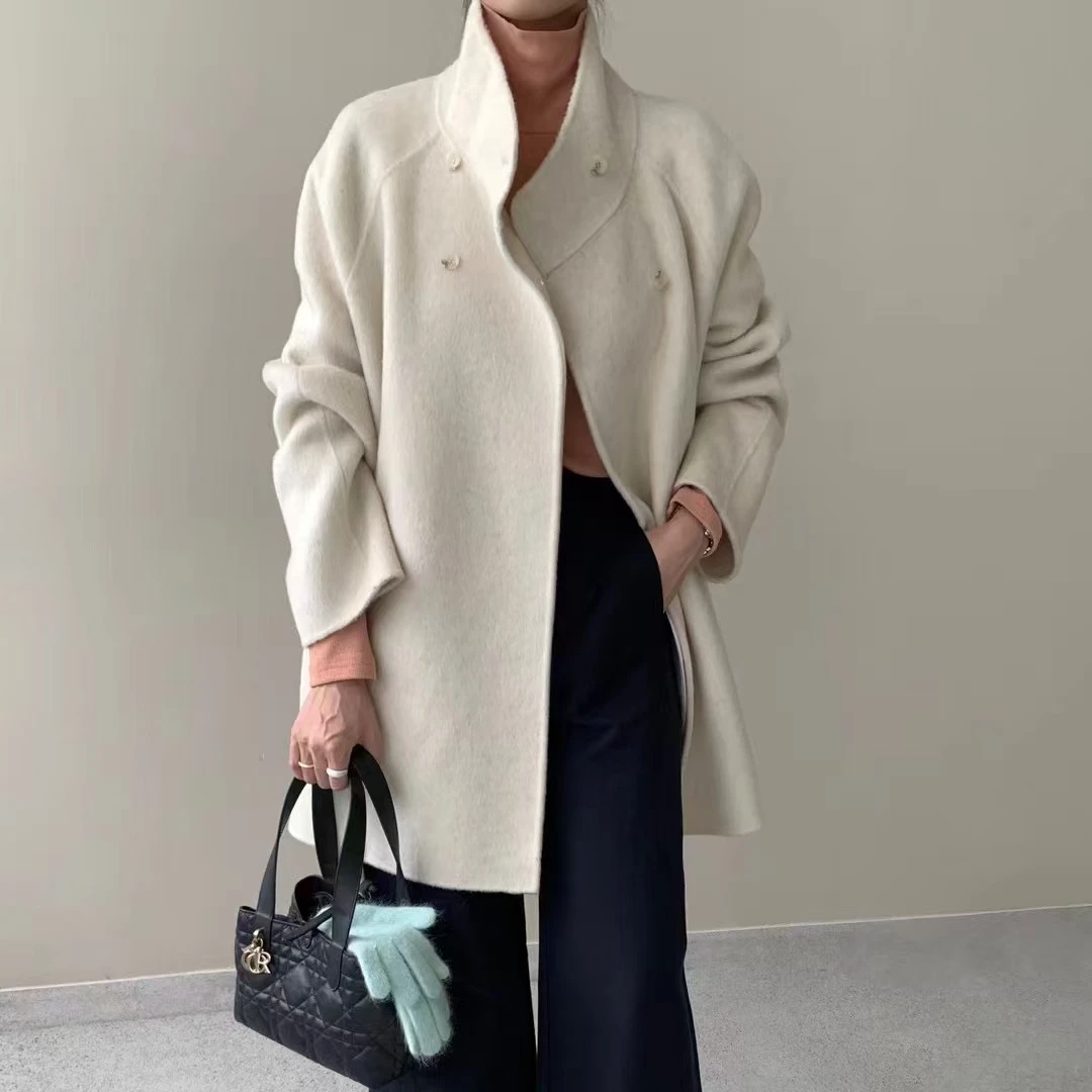 8363号865#秋冬纯色立领韩系宽松大衣外套（配腰带）（预）