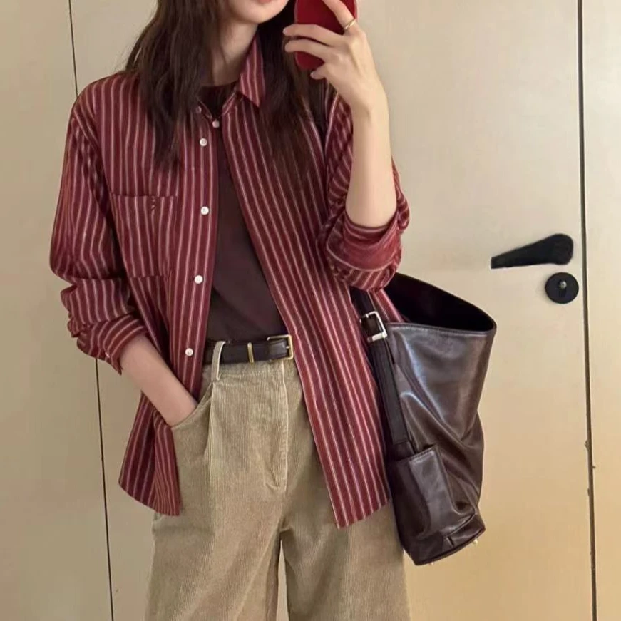 9536号#3711#绒面韩系条纹单口袋长袖衬衣（预）