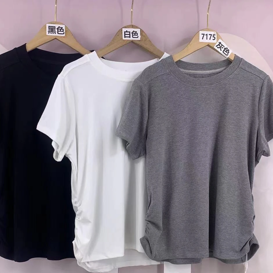 7175号#3209#春款圆领纯色双侧褶皱休闲短袖D1-13