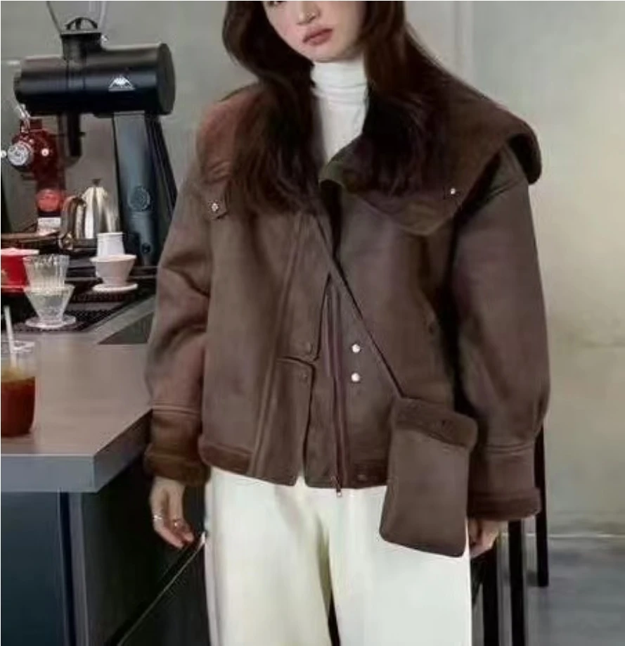 3296号86192#秋冬毛翻领韩系宽松休闲拉链外套（配小包）