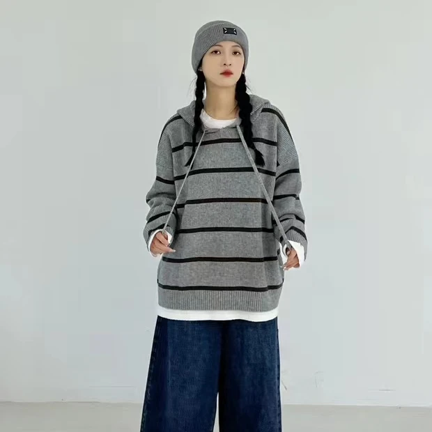 8188号50381#秋百搭韩系连帽宽松条纹毛衣（预）