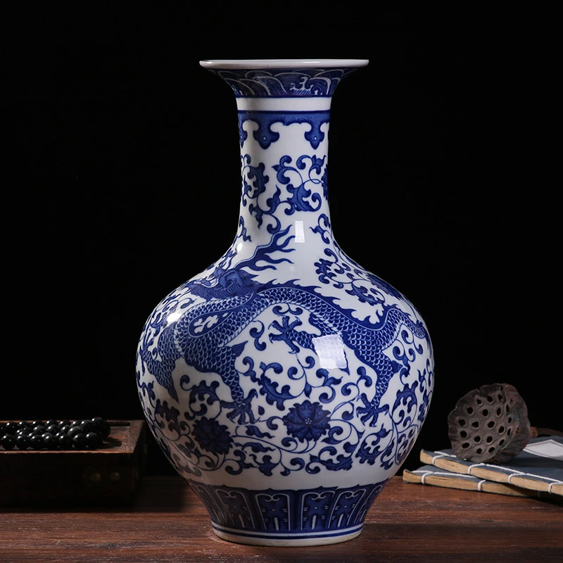 Y200青花瓷龙纹陶瓷花瓶中式大号玄关摆件家居装饰缠枝客厅博古架