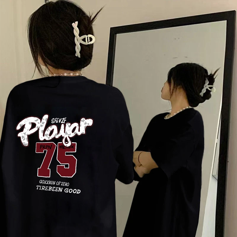 CAQA潮牌宽松纯棉小众设计感百搭T恤美式数字印花圆领上衣