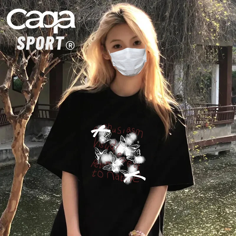 CAQA潮牌百搭短袖T恤美式复古蝴蝶印花宽厚休闲上衣