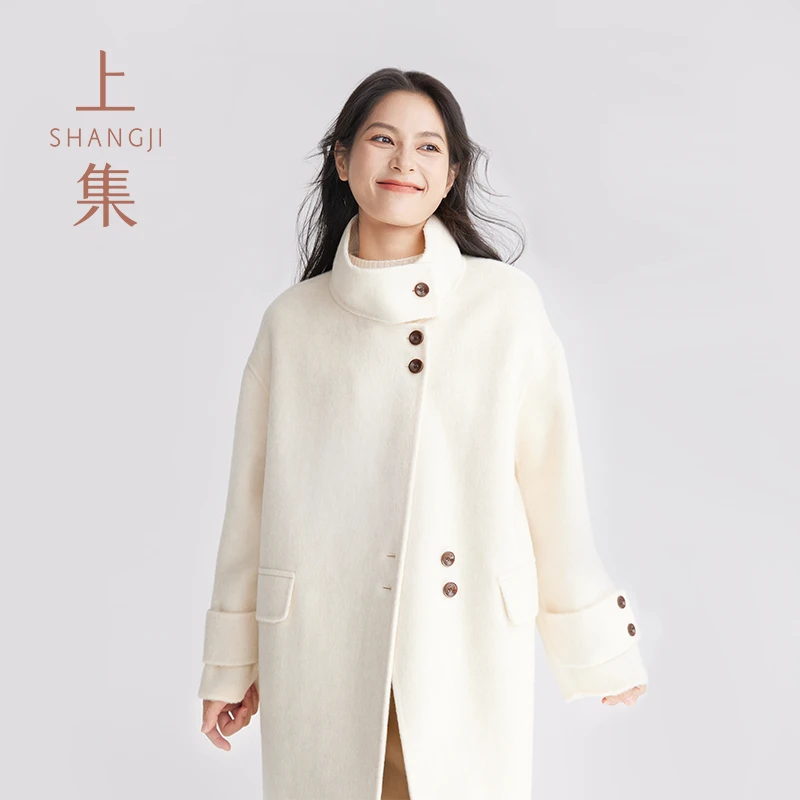SHANGJI/上集复古圆领经典毛呢大衣长款外套2024冬新款/XS248844