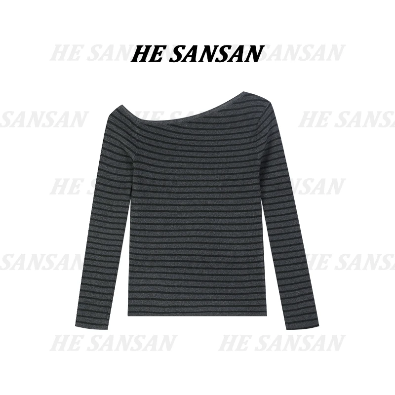 【SANSAN】百搭套头极简斜肩设计款长袖条纹上衣DY-3898