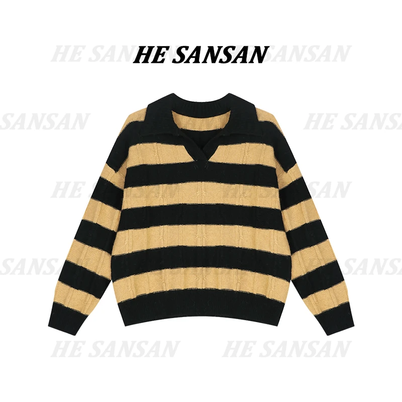 【SANSAN】条纹百搭显瘦套头长袖V领极简上衣DY-00006