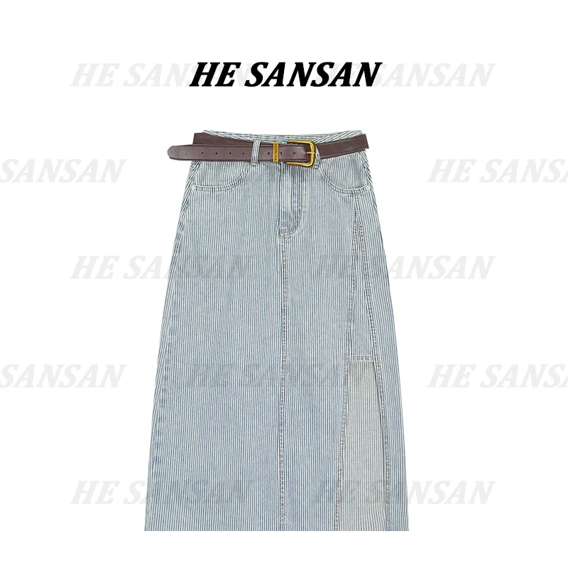 【SANSAN】（配皮带）休闲气质条纹半身裙高腰显瘦裙子DY-3086