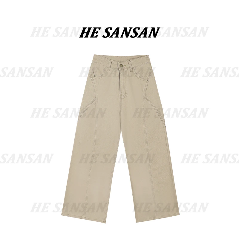 【SANSAN】高腰时尚百搭拼条设计款卡其牛仔裤DY-3526