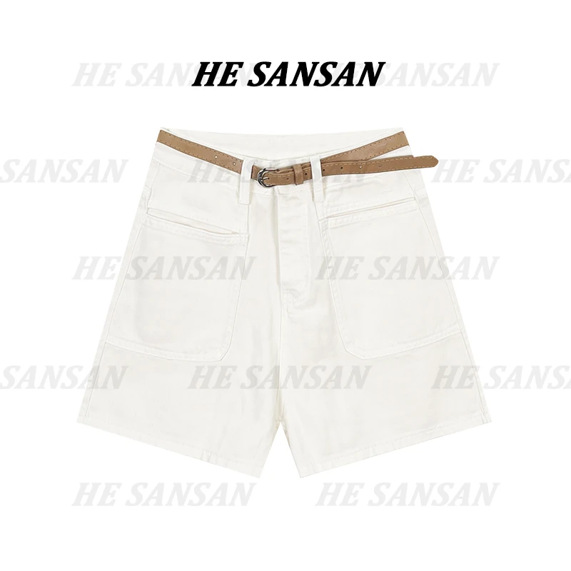 【SANSAN】（配皮带)高腰气质白色休闲牛仔短裤DY-2827