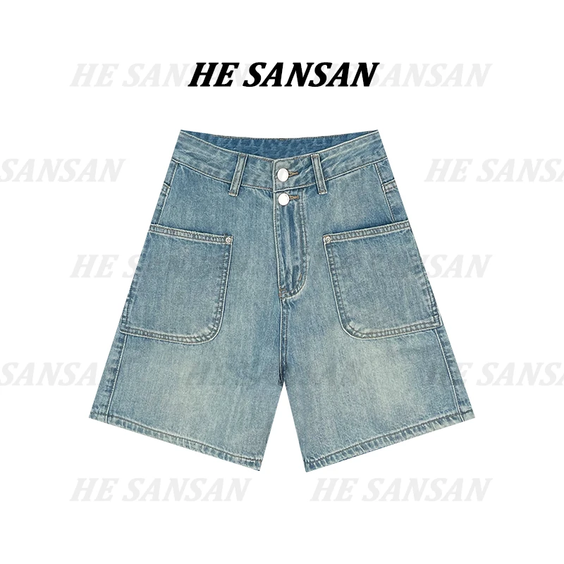 【SANSAN】蓝色高腰直筒休闲百搭潮流水洗牛仔裤DY-2930