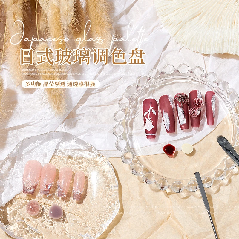 日式美甲玻璃水晶-调色盘-拍摄道具不规则纹理花朵珍珠盘展示