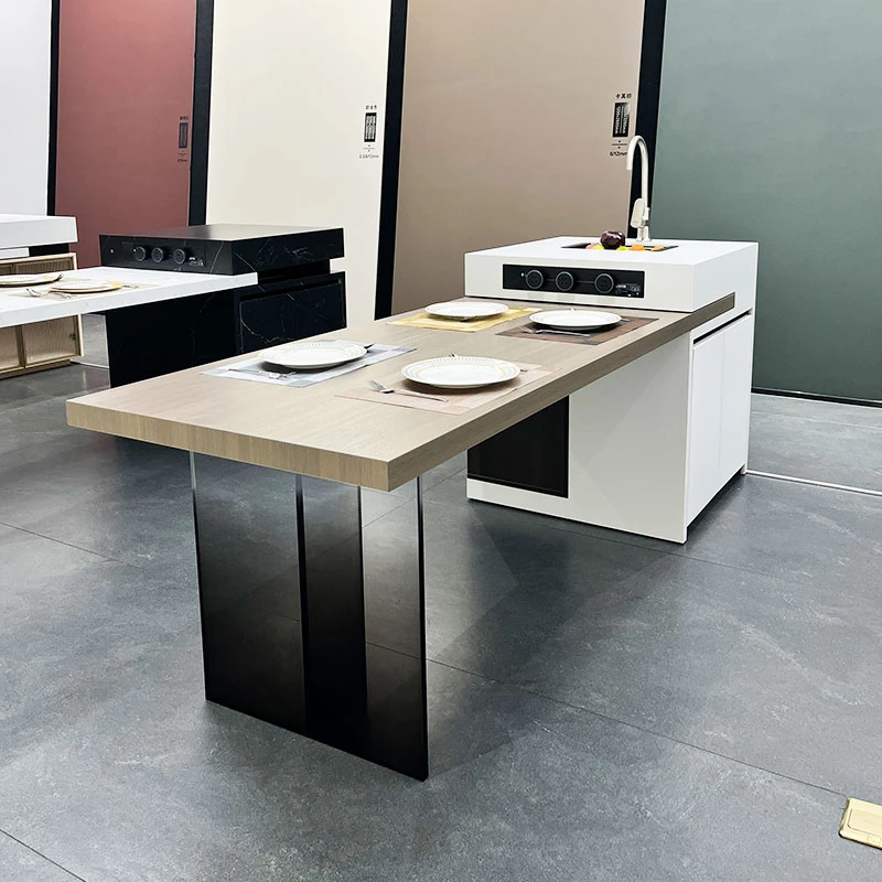 纯黑亚克力岩板多功能岛台一体家用小户型现代极简风悬浮餐桌