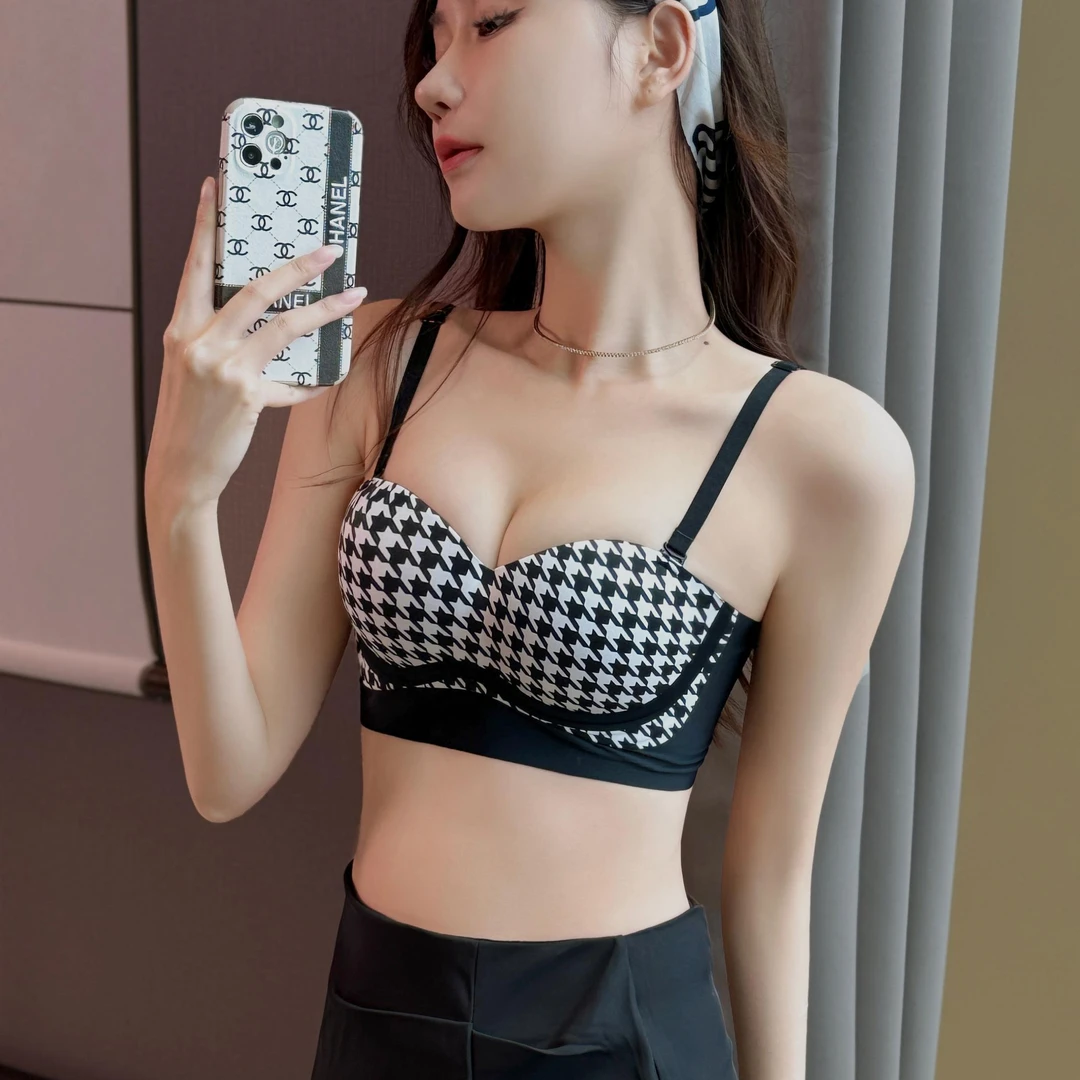 棋格盘抹胸内衣女小胸聚拢显大无钢圈收副乳防下垂千鸟复古风文胸