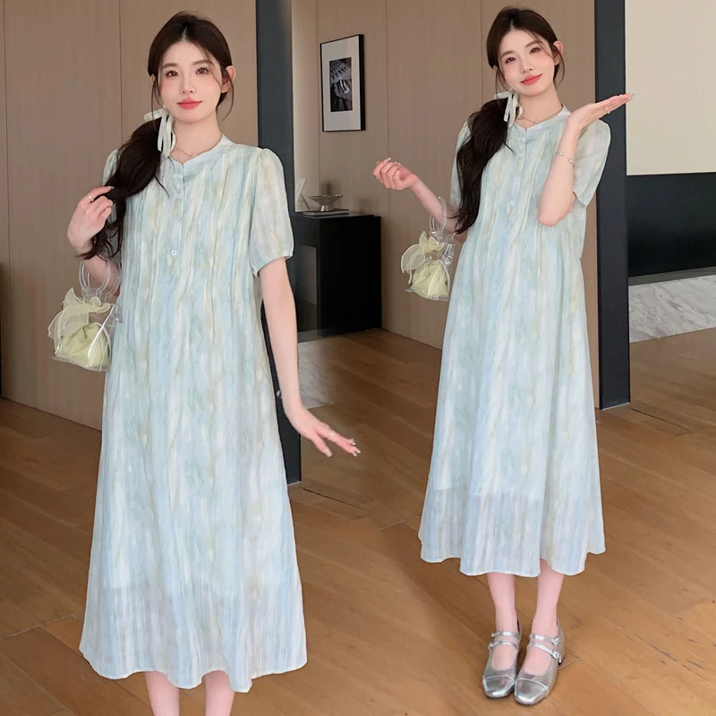 2024夏季新品薄荷曼波绿翡翠扎染高级设计感系带孕妇连衣裙显瘦