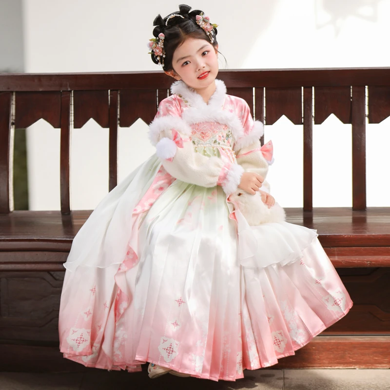 女童汉服冬款中国风加绒新年拜年服唐装2025新款儿童古装裙子冬季