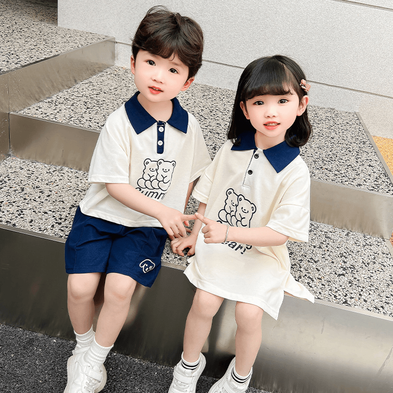 夏季男女学院风姐弟装兄妹装休闲时尚套装女连衣裙男女童短袖韩版