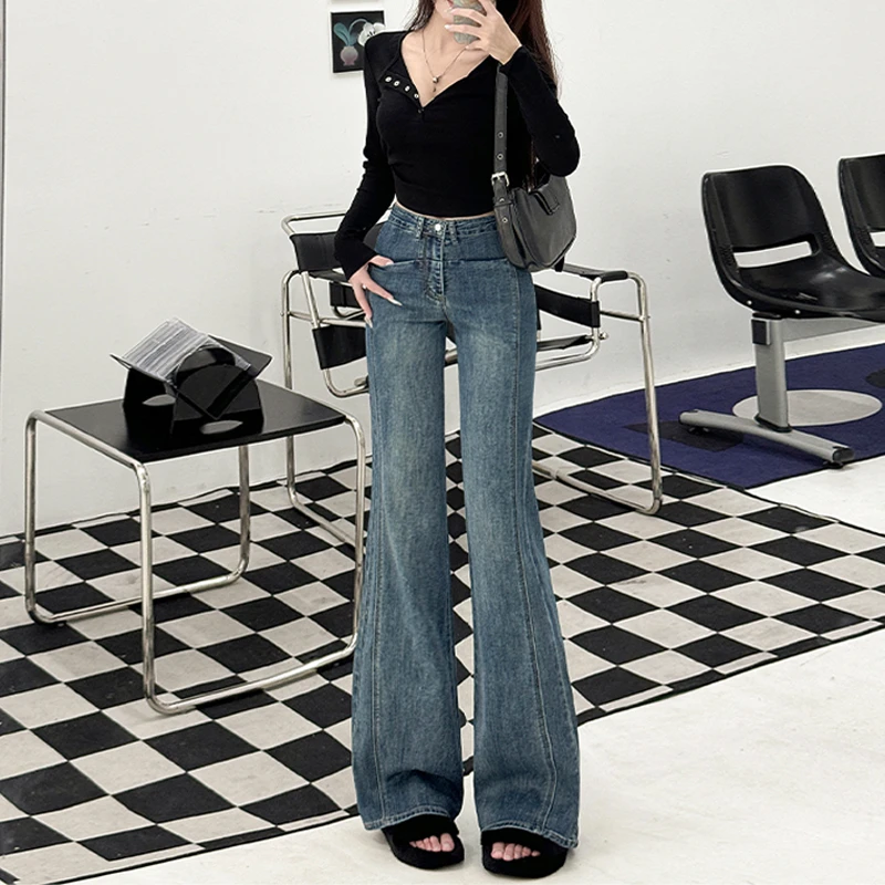 复古蓝微喇牛仔裤女2025年秋季新款高腰显瘦弹力设计感微喇叭裤子