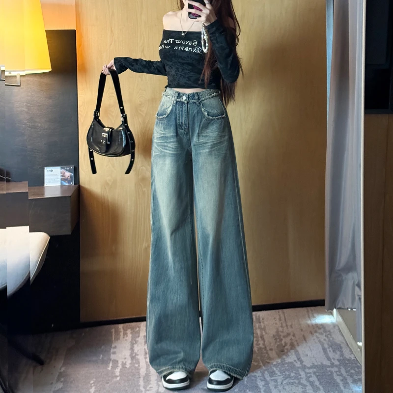 美式复古蓝毛边阔腿牛仔裤女秋冬2025新款小个子显瘦拖地直筒裤子