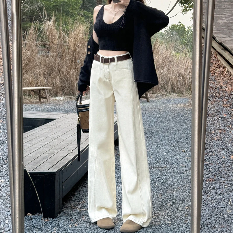 米杏色高腰直筒牛仔裤女2025年秋季新款拖地宽松显瘦阔腿裤百搭