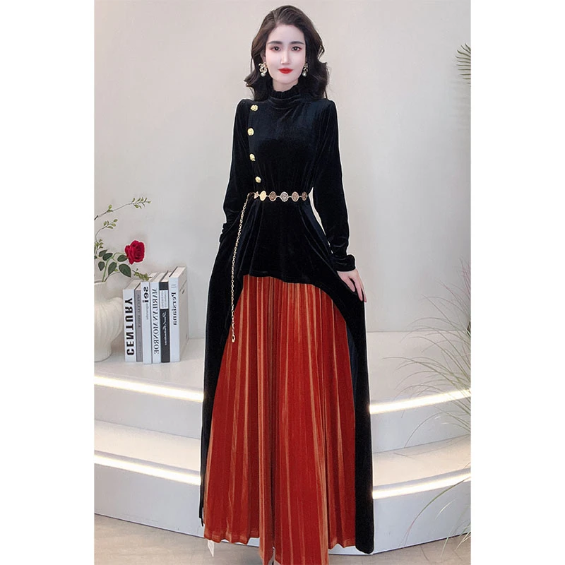 2024冬季时尚气质法式长款收腰显瘦连衣裙秋冬时尚新款裙子61685