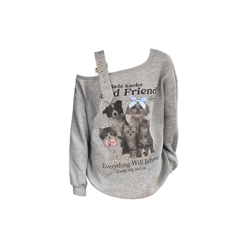 设计感肩带斜肩长袖卫衣秋冬新款蝴蝶结装饰宽松显瘦露肩百搭上衣