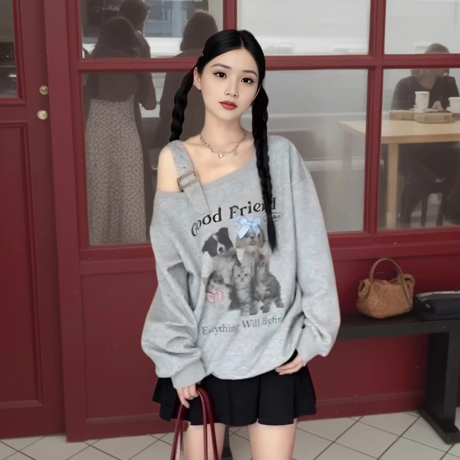 美式复古小狗印花斜领露肩长袖上衣秋冬新款宽松oversize显瘦卫衣