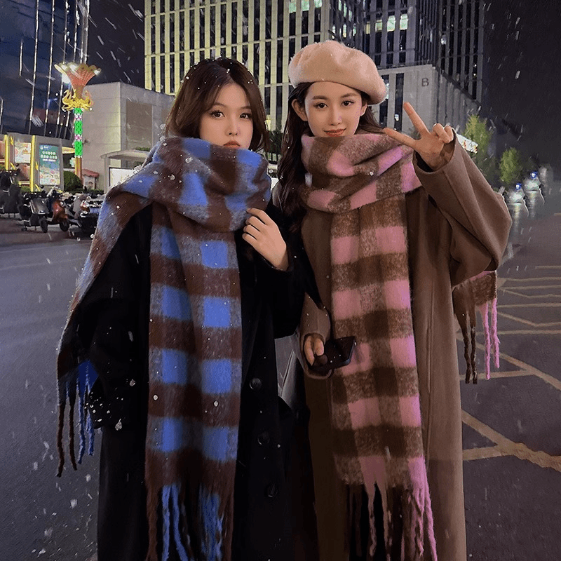 虞书欣同款日系拼色方块格子围巾女秋冬保暖百搭学生围脖时髦长款