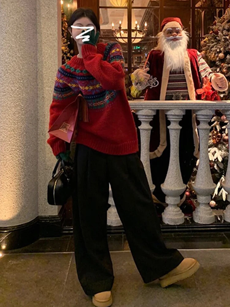 2025复古慵懒风费尔岛圣诞红色毛衣女秋冬加厚内搭打底针织衫上衣