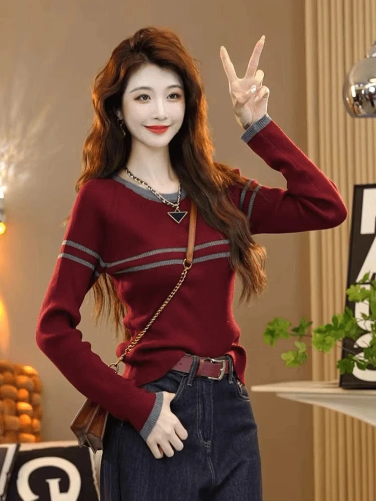 双条纹撞色圆领薄款针织毛衣女2024秋季新款洋气百搭针织打底衫