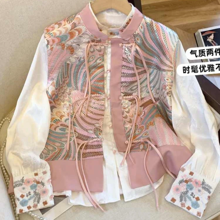 新中式国风刺绣流苏马甲女春装缎面提花衬衫立领叠穿上衣两件套装