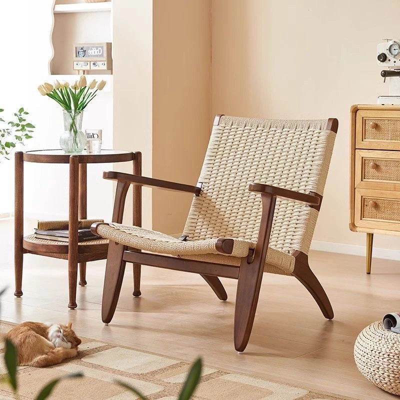 北欧简约绳编藤编实木沙发椅阳台客厅休闲单人椅靠背懒人复古椅子