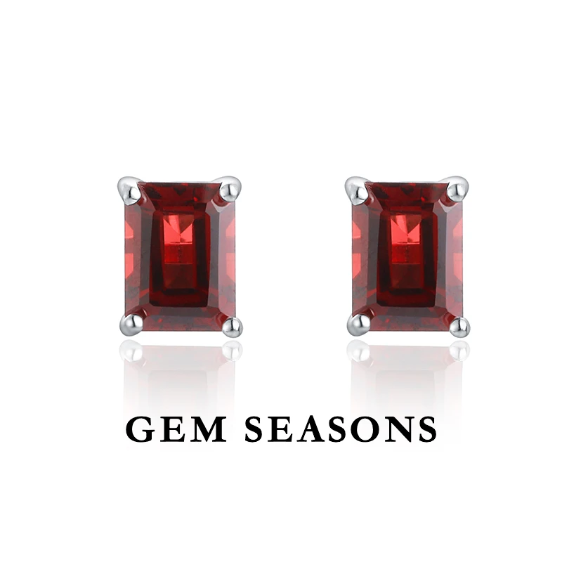 GEM SEASONS天然石榴石耳钉 简约时尚百搭款长方切割红色宝石耳饰