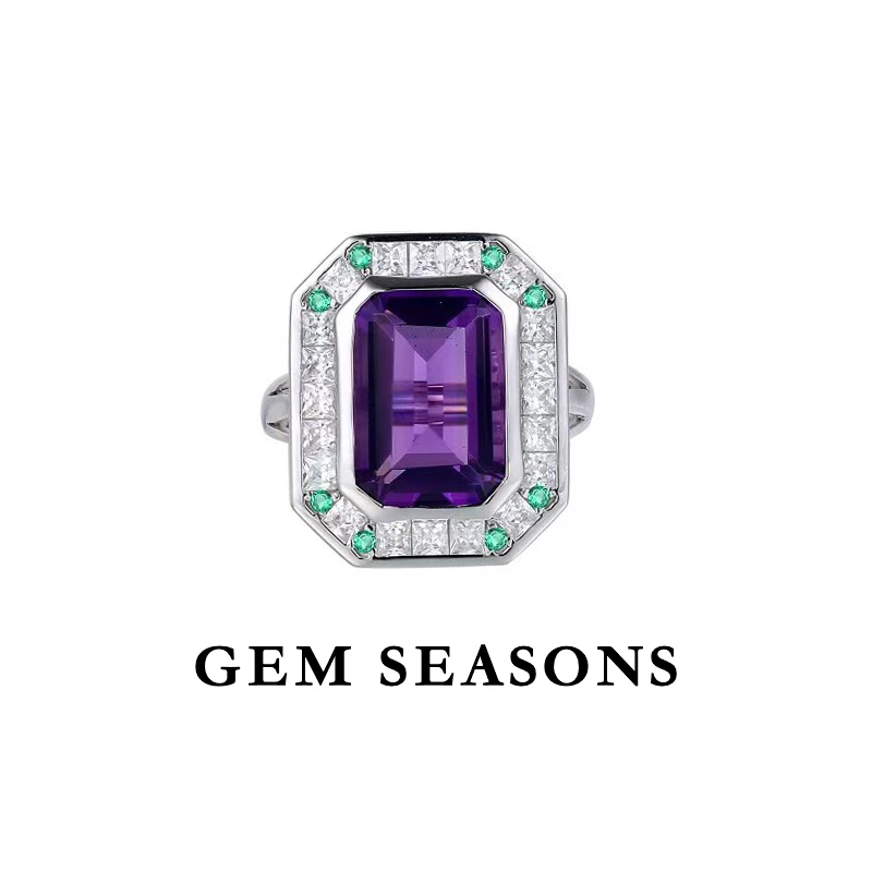 GEM SEASONS天然紫水晶戒指 时尚简约设计师款长方切割精致华丽