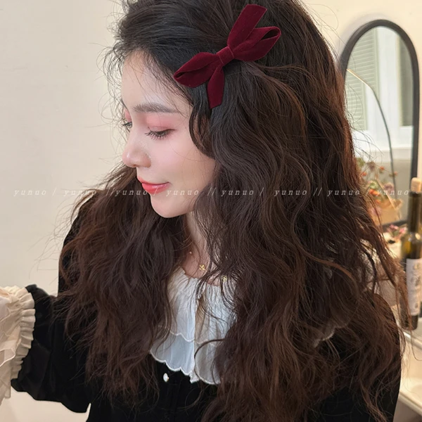 圣诞新年红蝴蝶结发夹女2024新款侧边碎发鸭嘴夹子头饰前额刘海夹