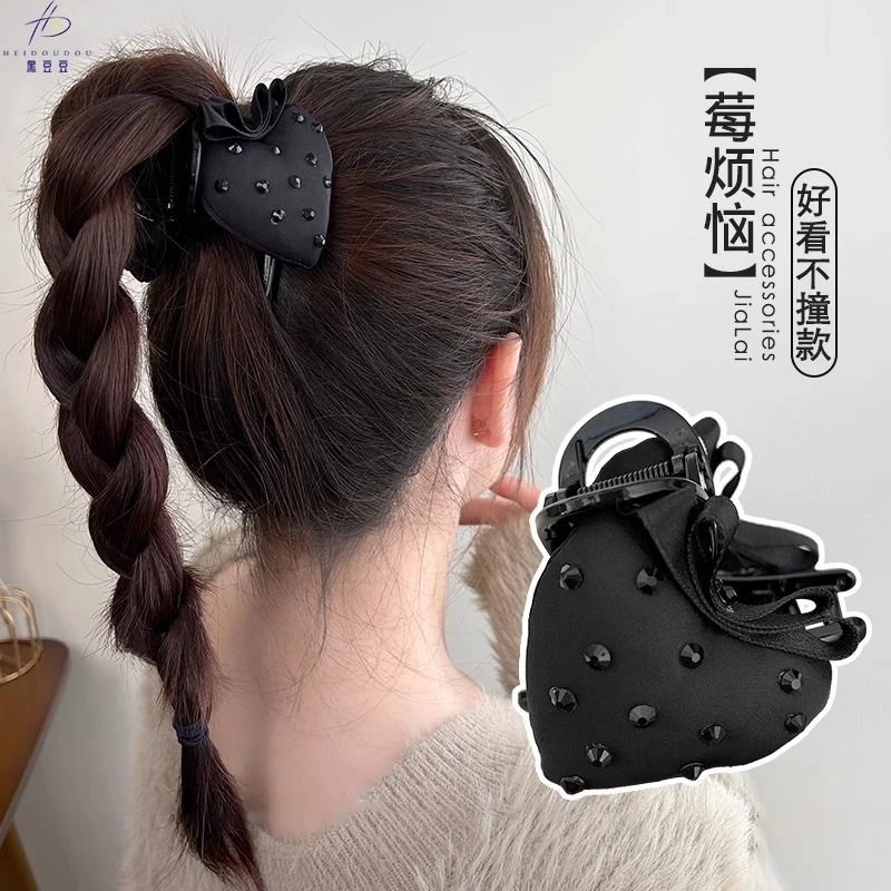 没烦恼抓夹黑色水晶高级感高颜值草莓手工抓夹洋气桃心高马尾发夹