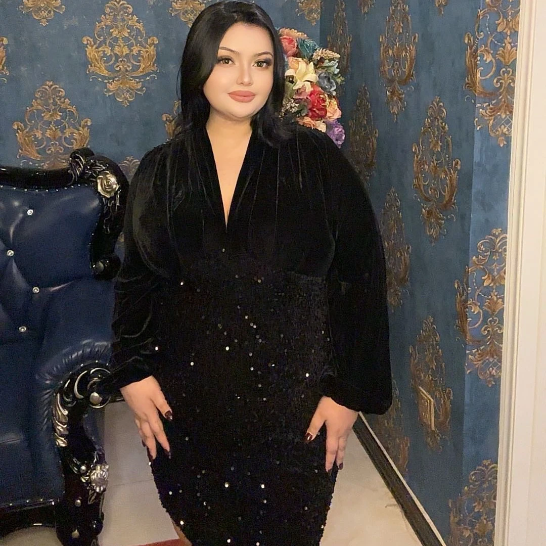 新款Banure2024V领金丝绒亮片时尚气质包臀连衣裙