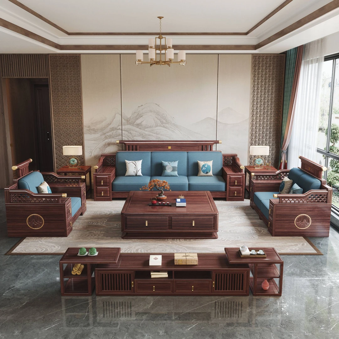 W19新中式乌金木实木沙发客厅别墅雕花两用成套高档大气
