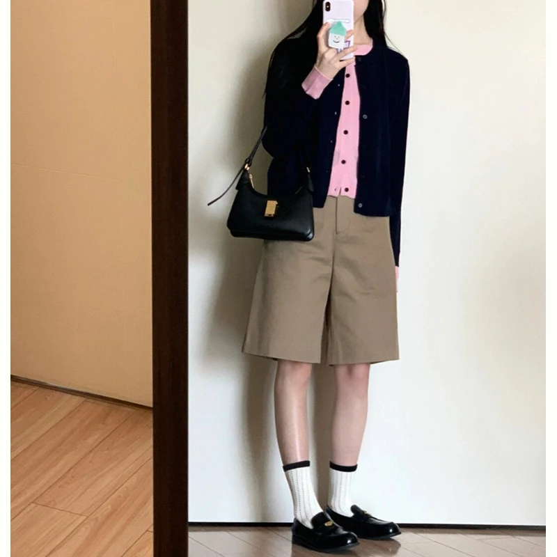 NUMEN BUTTON/灵扣撞色假两件针织开衫女秋慵懒修身短款毛衣外套