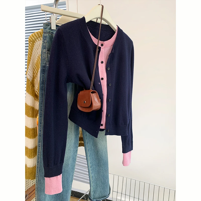 2025春季新款韩版简约显气质款藏青色假两件针织开衫外套女慵懒风