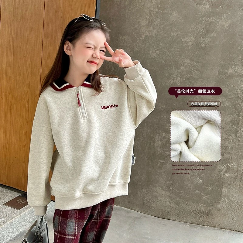 mini旦童装女童加绒卫衣冬装新款女孩加厚polo衫儿童翻领上衣