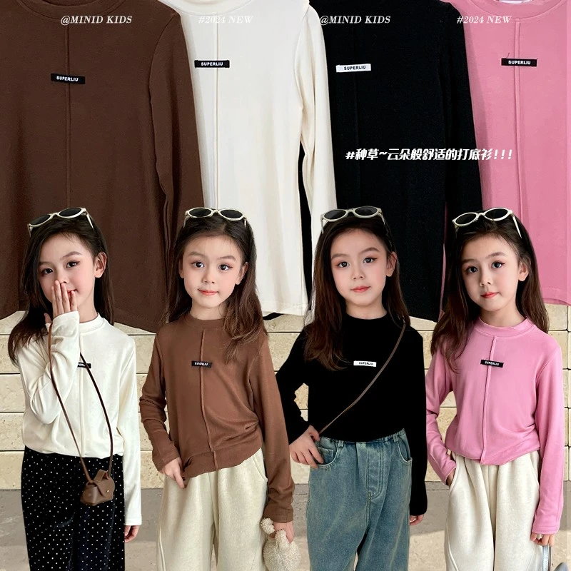 mini旦童装女童高弹力打底衫秋冬新款小女孩中领长袖保暖T恤